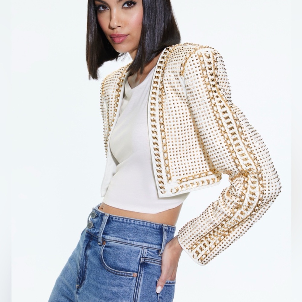 Alice + Olivia MAIRA Cropped Leather Jacket with Chain Trim - Picture 2 of 10